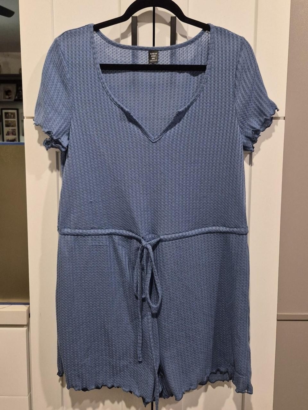 Dusty Blue Textured Tie-Waist Romper